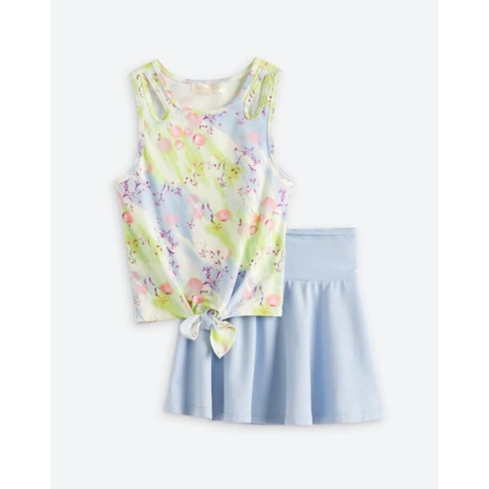 Sunset West Joslyn Tie Front Sleeveless Top + Knit Skirt Set Floral Size M 7-8